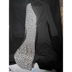 Stylish Black Dress with Geometric Print Panel Past Knee Midi Size 4XL